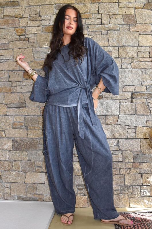 Lindin Linen Blend Kimono Top Washed Navy